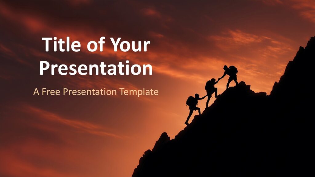 Summit Teamwork Cover Slide for PowerPoint & Google Slides Title slide of the Summit Teamwork Template for PowerPoint and Google Slides featuring climbers silhouetted against a vivid sunset.