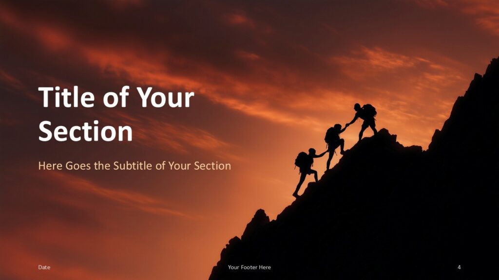 Summit Teamwork Section Slide Option 1 for PowerPoint & Google Slides Section divider slide with left-side title area and climbers on the right, ideal for transitions in PowerPoint and Google Slides.