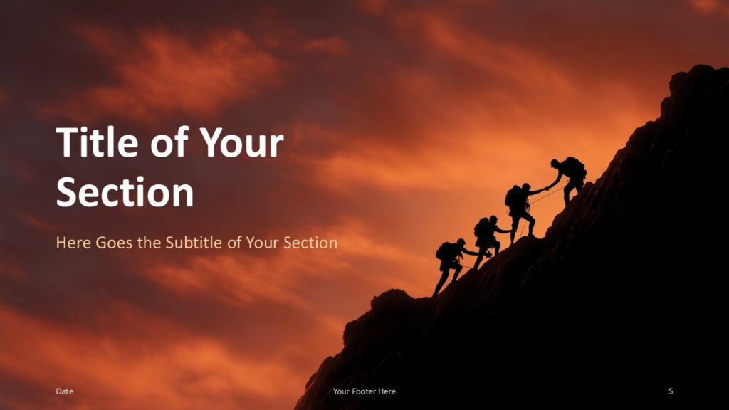 Summit Teamwork Section Slide Option 2 for PowerPoint & Google Slides Section break slide with right-side text and ascending climbers on the left, used for thematic transitions in presentations.