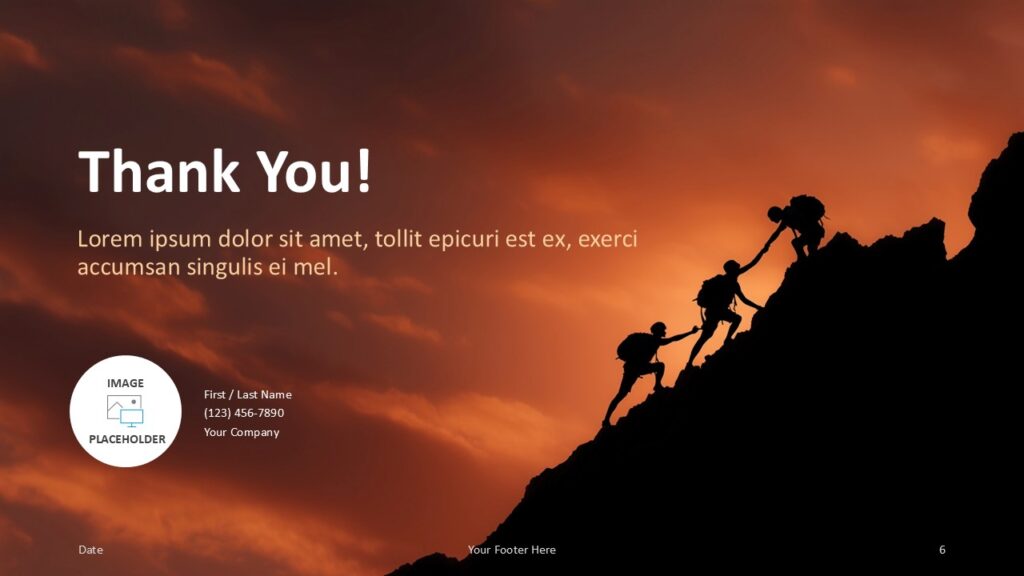 Summit Teamwork Thank You Slide Template for PowerPoint & Google Slides Final slide with “Thank You” message, contact info area, and climbers at summit, closing presentations in PowerPoint and Google Slides.