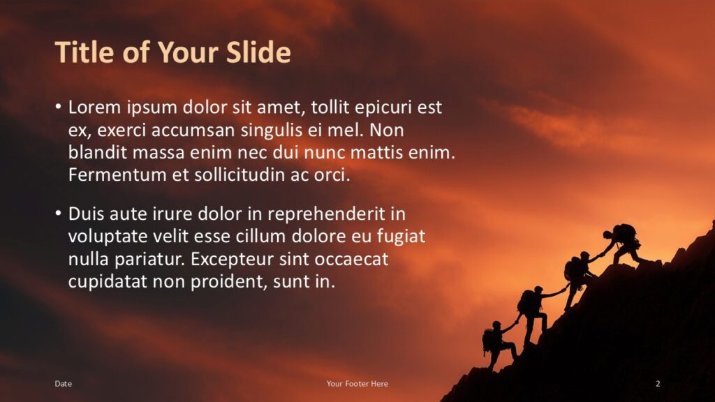 Summit Teamwork Title and Content Slide Option 1 for PowerPoint & Google Slides Slide layout with left-aligned bullet points and title area, over a striking mountain backdrop for PowerPoint and Google Slides.