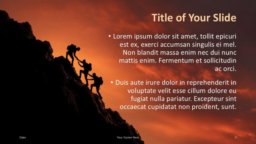Summit Teamwork Title and Content Slide Option 2 for PowerPoint & Google Slides Right-aligned text layout with silhouetted climbers on the left, designed for PowerPoint and Google Slides storytelling.