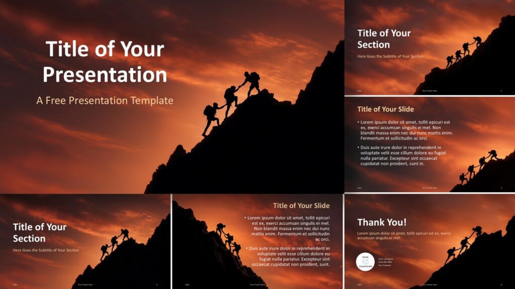 Widescreen view of the Summit Teamwork Template for PowerPoint and Google Slides, highlighting dramatic visuals and clean layouts.
