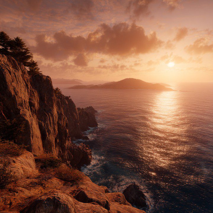 Ultra-realistic image of a sunset casting golden light over rocky cliffs and a calm ocean with islands on the horizon.