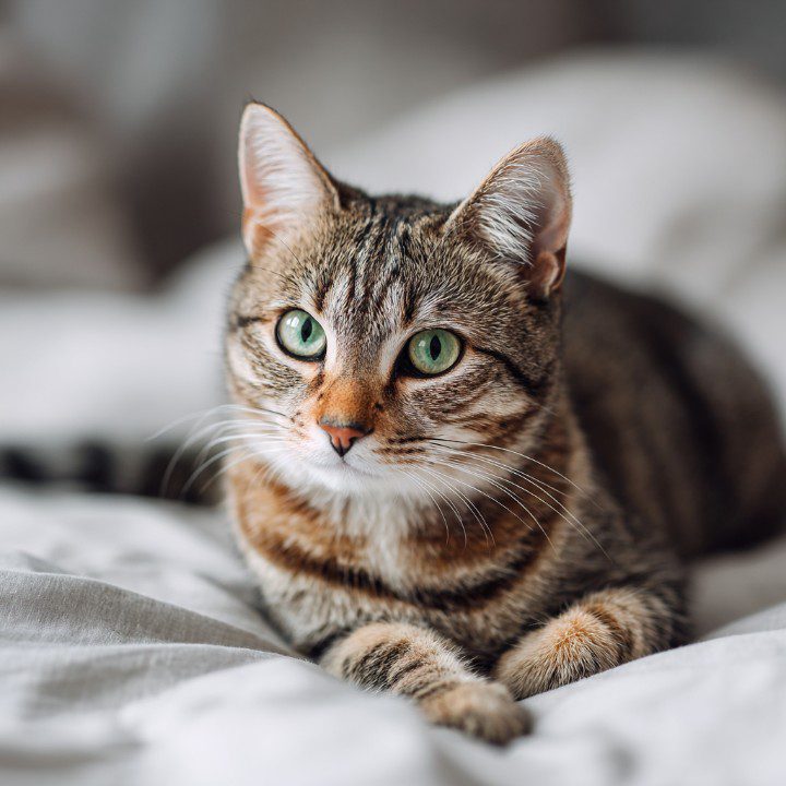 Green-eyed tabby cat lying peacefully on a bed, showcasing calmness, comfort, and cozy home vibes.