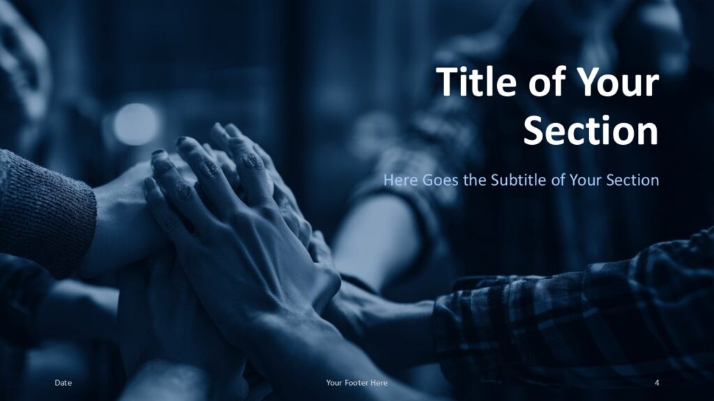 Team-Building Section Slide Option 1 for PowerPoint & Google Slides Right-aligned section divider slide with bold title and subtitle areas, featuring a teamwork image as the visual background.