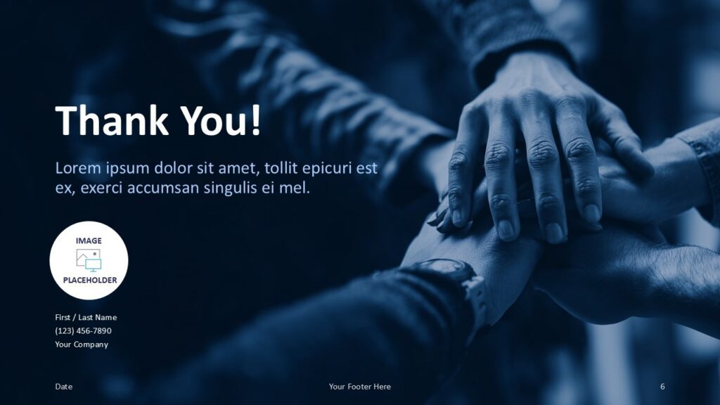 Team-Building Thank You Slide Template for PowerPoint & Google Slides Final thank-you slide with left-aligned text, image placeholder for logo or photo, and closing details in a blue collaborative design.