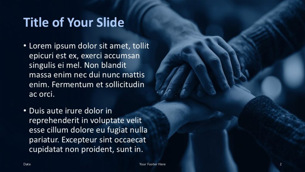 Team-Building Title and Content Slide Option 1 for PowerPoint & Google Slides Left-aligned text layout with two bullet sections over a blue teamwork background; designed for clear presentation of key points.