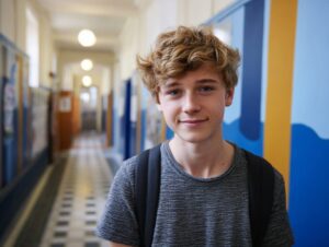 Teenage student with backpack standing in a colorful school hallway, representing youth, education, and academic life.