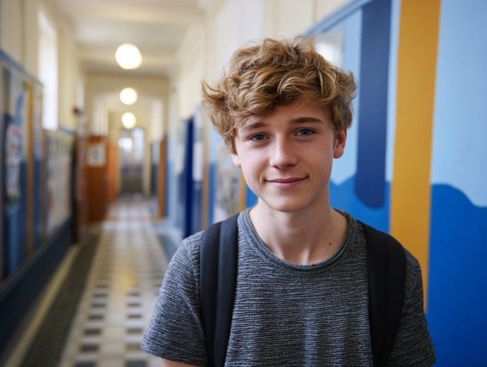 Teenage student with backpack standing in a colorful school hallway, representing youth, education, and academic life.