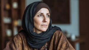 Middle-aged woman in a modest brown abaya and black headscarf looking thoughtfully into the distance, in a warm indoor setting.
