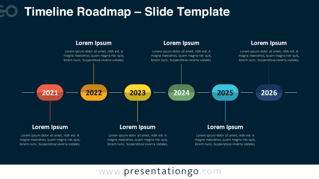Free Timeline Roadmap PowerPoint template featuring six color-coded steps in a horizontal line over a dark background for Google Slides presentations.