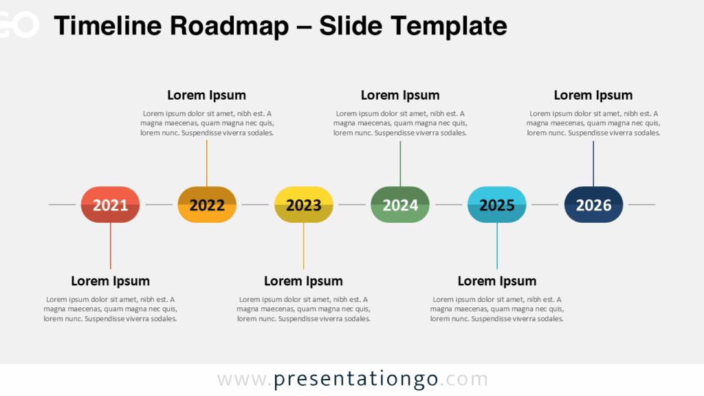 Free Timeline Roadmap PowerPoint template showing a 6-step process on a light background with colorful milestones for Google Slides use.