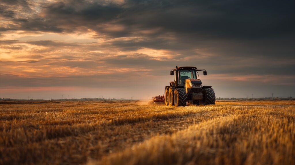 Tractor plowing a golden field during sunset with dramatic clouds overhead, showcasing rural farming life.