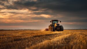 Tractor plowing a golden field during sunset with dramatic clouds overhead, showcasing rural farming life.