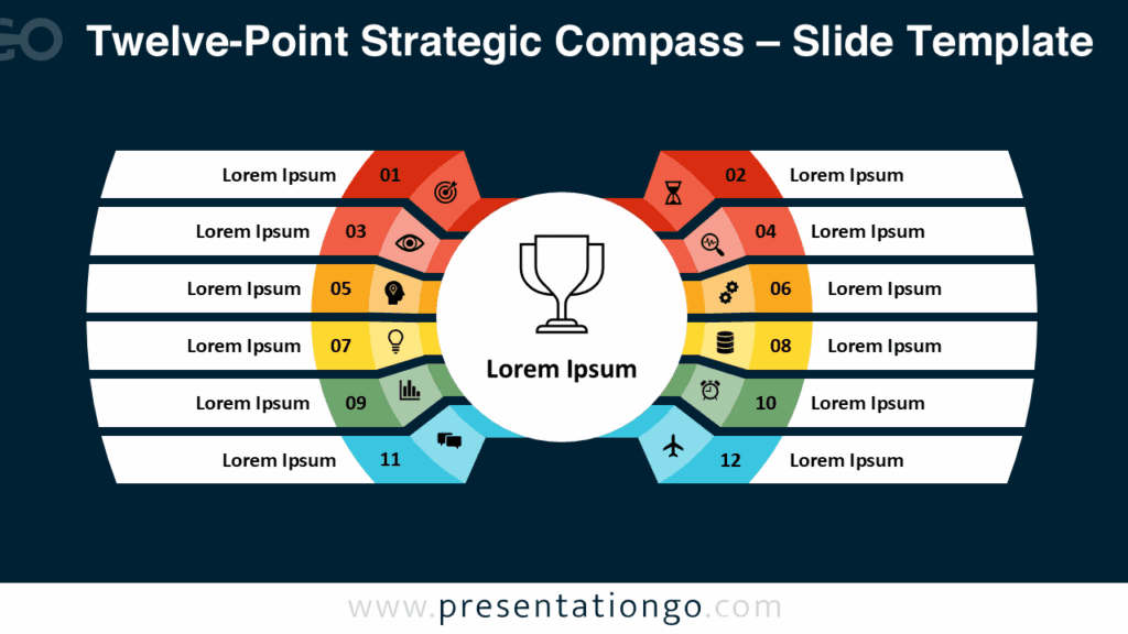 Twelve-Point Strategic Compass – Dark Background for PowerPoint & Google Slides Free Twelve-Point Strategic Compass PowerPoint template with a dark background for Google Slides, displaying a clean, radial design of twelve distinct segments pointing inward to a central icon, suited for goal-driven strategy presentations.