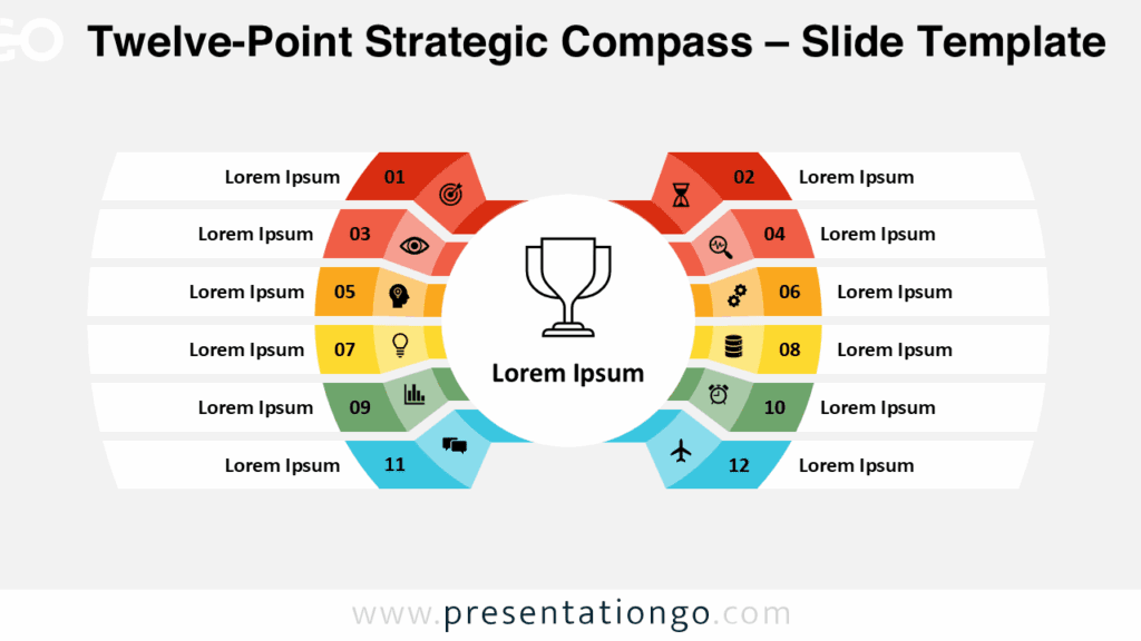 Free Twelve-Point Strategic Compass PowerPoint template in light background for Google Slides, showing a circular layout with twelve colorful segments and icons leading to a trophy-centered objective, perfect for strategic planning visuals.