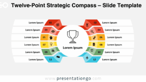 Free Twelve-Point Strategic Compass PowerPoint template in light background for Google Slides, showing a circular layout with twelve colorful segments and icons leading to a trophy-centered objective, perfect for strategic planning visuals.