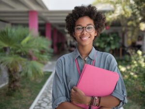 Smiling university student outdoors on campus holding a pink folder, representing education, youth, and diversity.