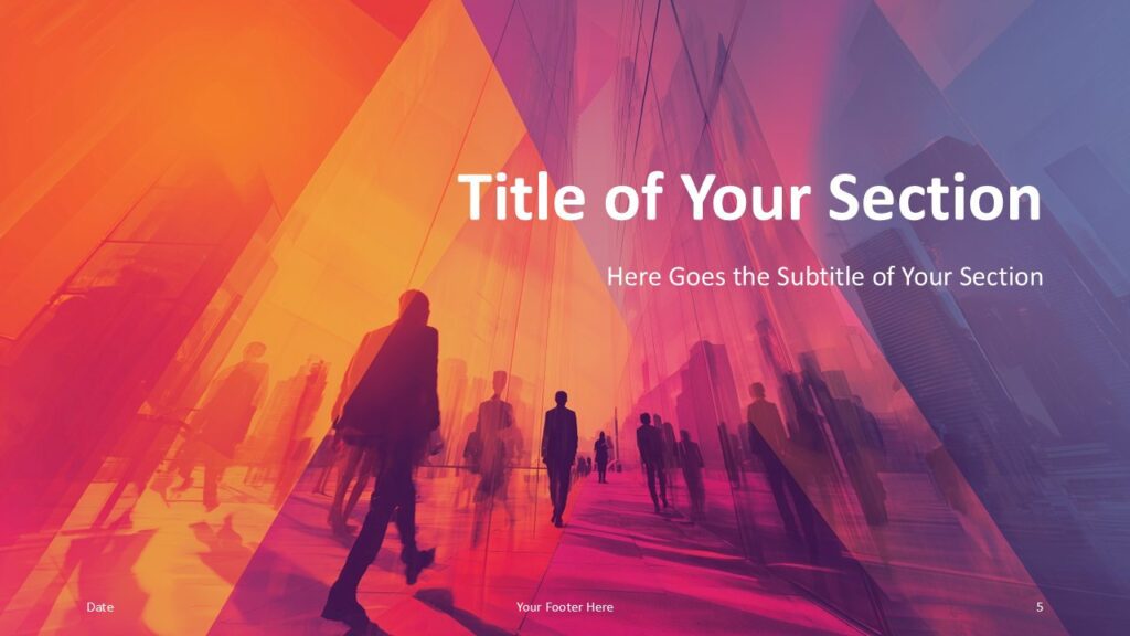 Urban Horizon Section Slide Option 2 for PowerPoint & Google Slides Centered section divider from the Urban Horizon Template for PowerPoint and Google Slides featuring intensified geometric overlays and titles.