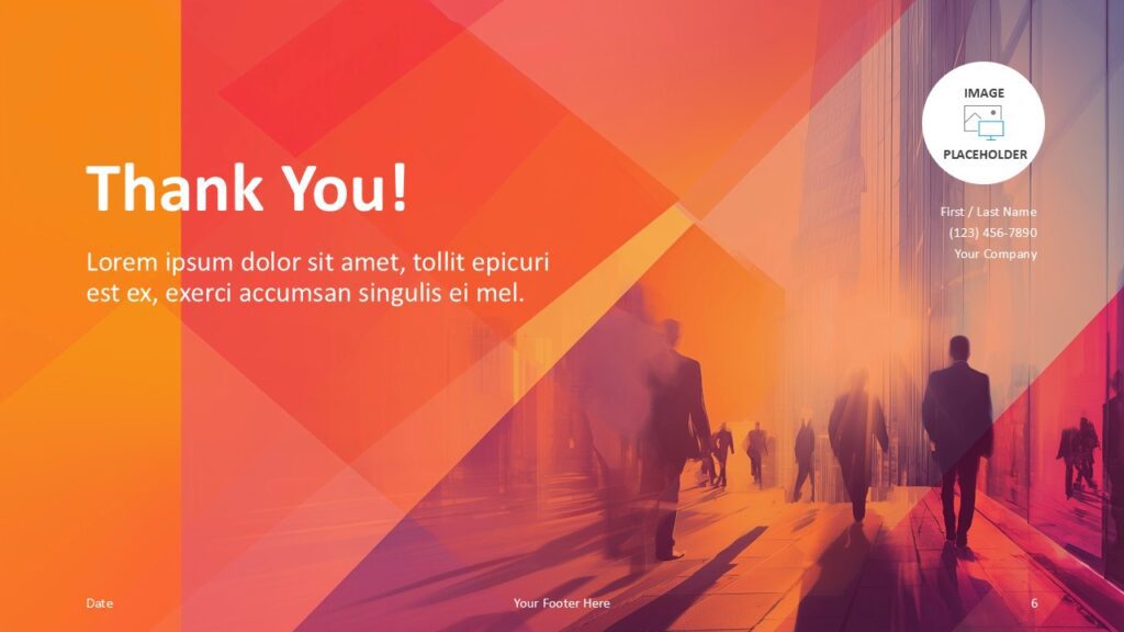 Urban Horizon Thank You Slide Template for PowerPoint & Google Slides Thank You slide from the Urban Horizon Template for PowerPoint and Google Slides with text placeholders, contact details, and photo space.