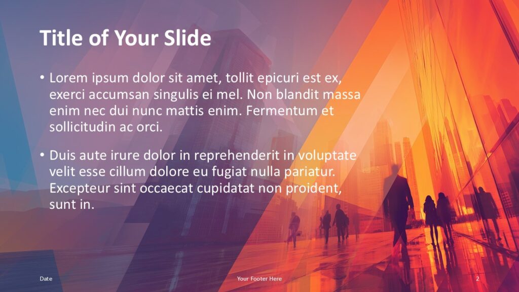 Urban Horizon Title and Content Slide Option 1 for PowerPoint & Google Slides Left-aligned content layout from the Urban Horizon Template for PowerPoint and Google Slides with bullet points and colorful city background.