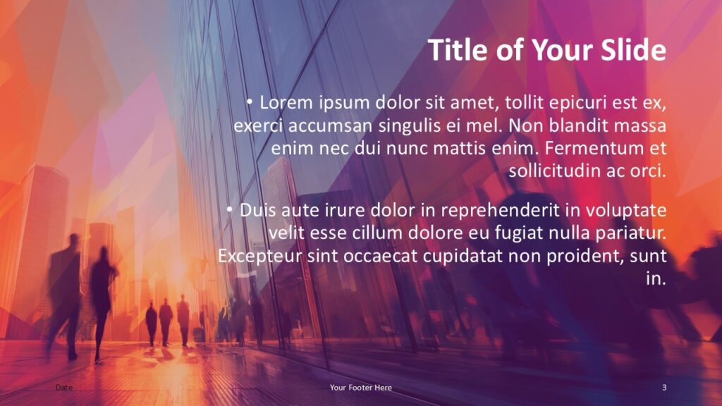 Urban Horizon Title and Content Slide Option 2 for PowerPoint & Google Slides Centered text layout from the Urban Horizon Template for PowerPoint and Google Slides with symmetrical structure and geometric overlays.