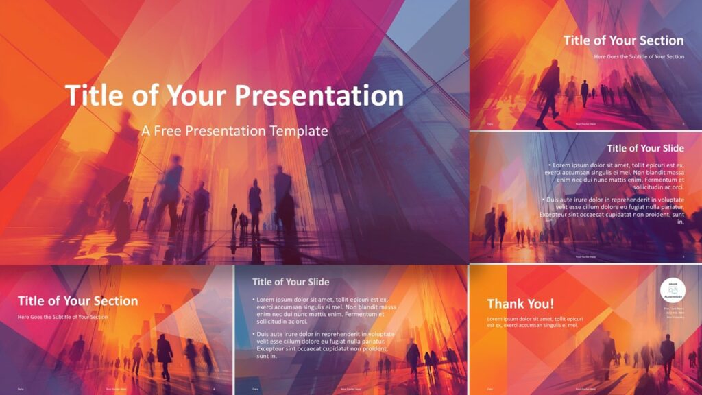 Widescreen preview of the Urban Horizon Template for PowerPoint and Google Slides featuring modern layouts with city-inspired graphics.