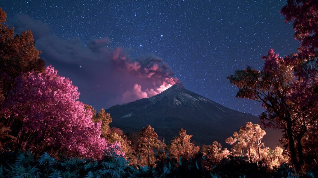 Erupting snow-capped volcano at night beneath a starry sky, with vibrant purple and orange forest in the foreground.