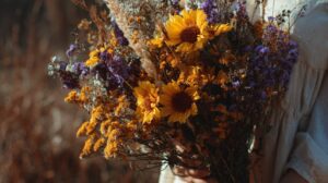 Hand holding a rustic bouquet of sunflowers and wildflowers with warm yellow and purple tones in natural outdoor light.