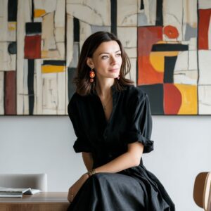 Elegant woman in black dress sitting confidently in front of abstract artwork, blending modern style with artistic expression.