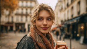 Portrait of a smiling woman in cozy clothing holding coffee on an autumn city street, evoking warmth, style, and lifestyle charm.