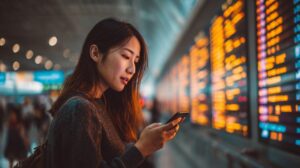 A young woman using her smartphone to check flight details at an airport, standing near a bright digital departure board.