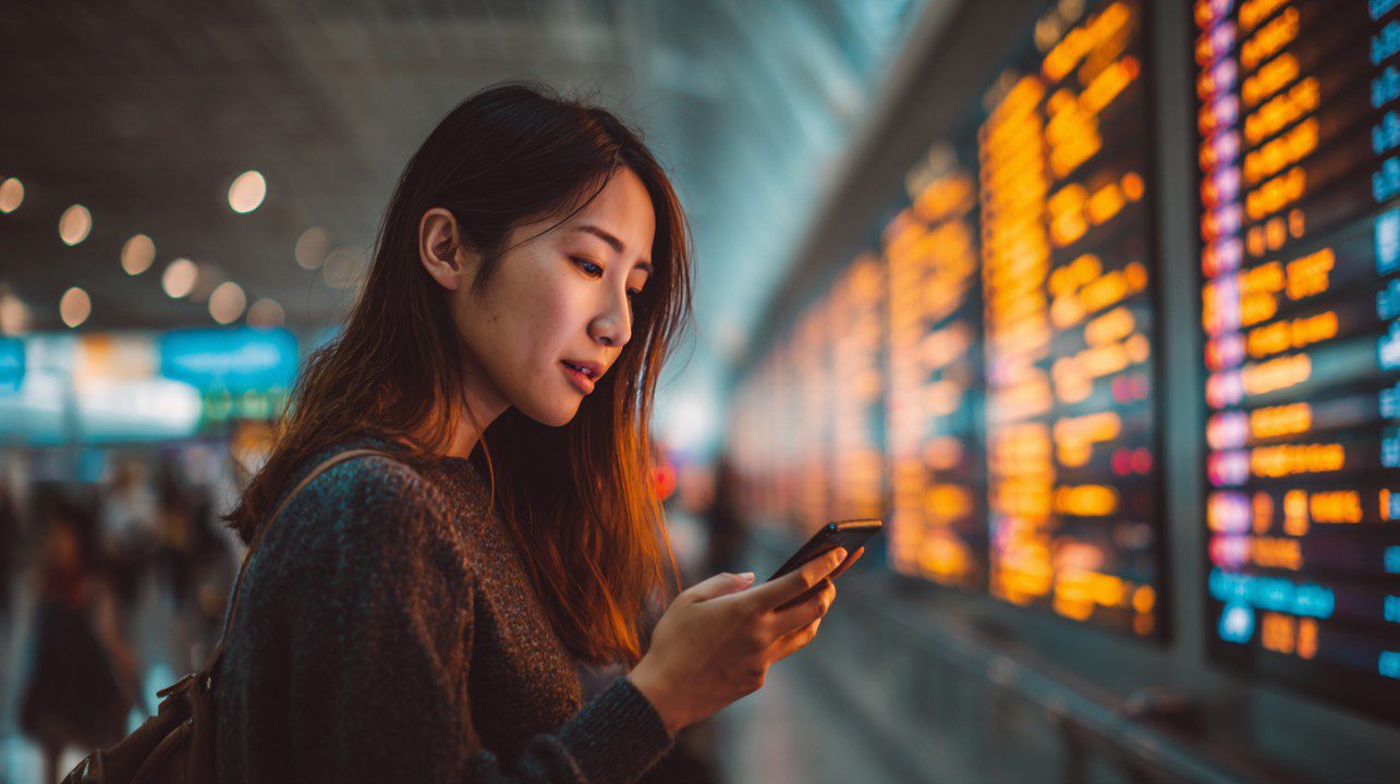 A young woman using her smartphone to check flight details at an airport, standing near a bright digital departure board.