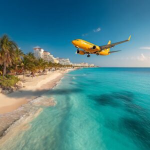 A bright yellow airplane flying low over a tropical beach with turquoise ocean, palm trees, and beachfront resorts in the background.