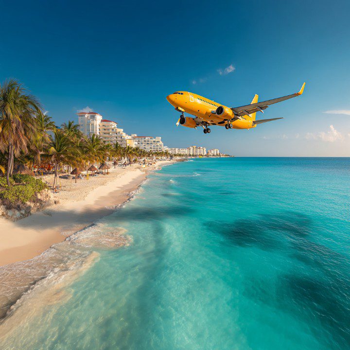 A bright yellow airplane flying low over a tropical beach with turquoise ocean, palm trees, and beachfront resorts in the background.
