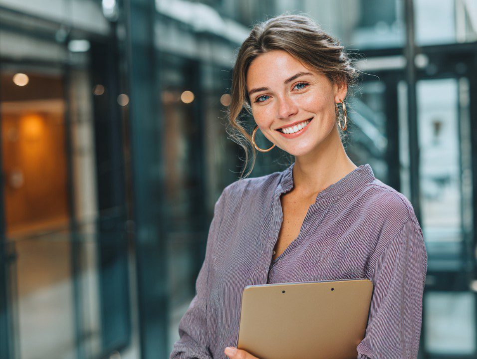 Smiling young businesswoman in a modern office holding a tablet, representing professionalism, confidence, and success.