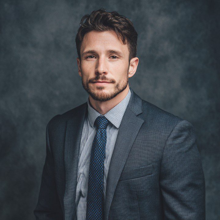A professional portrait of a confident young man in a business suit standing against a dark studio background.