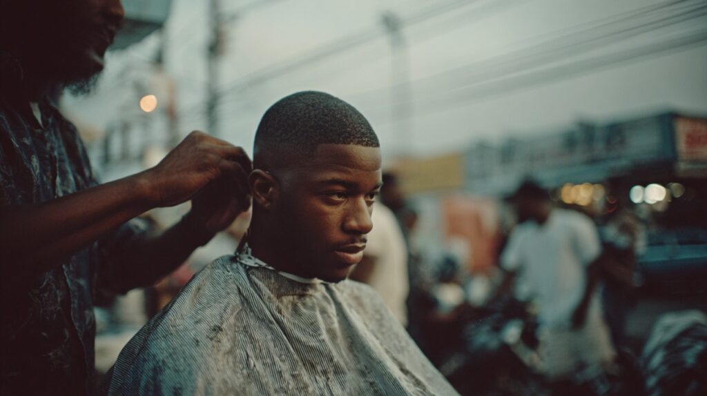A young Black man focused while receiving a precise haircut from a street barber in an urban neighborhood during dusk.