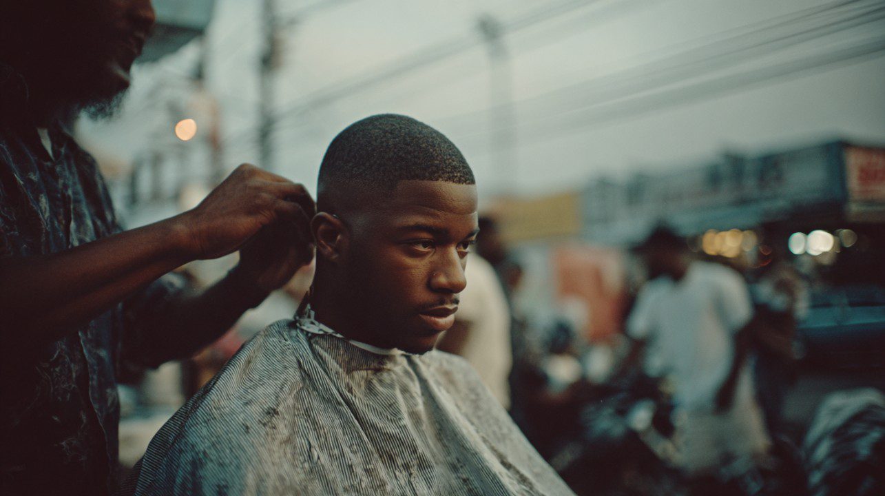 A young Black man focused while receiving a precise haircut from a street barber in an urban neighborhood during dusk.
