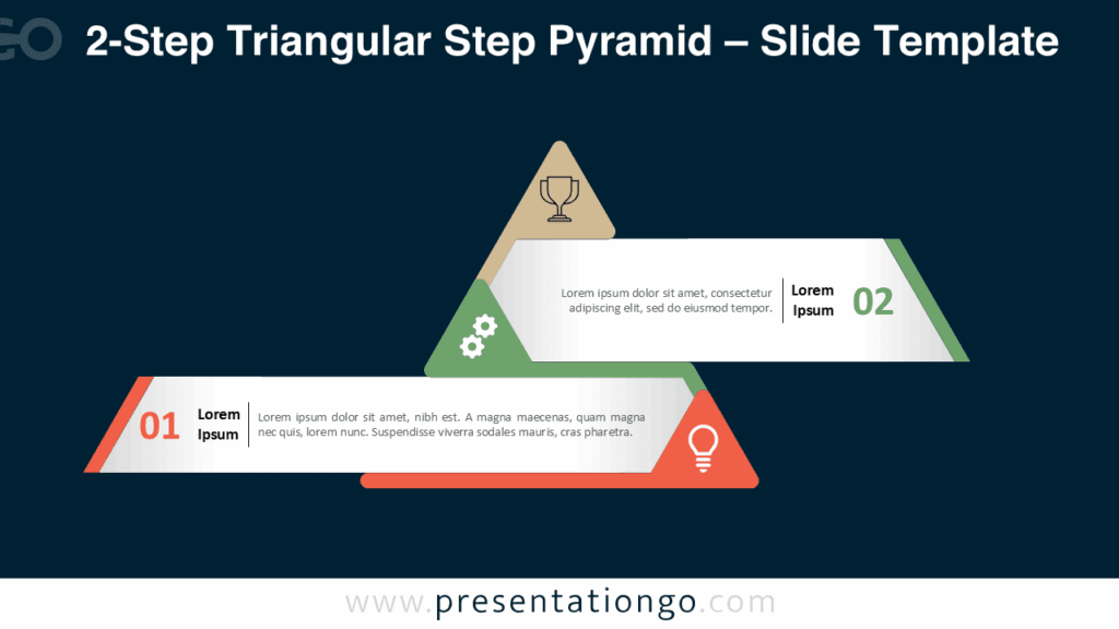 2-Step Triangular Step Pyramid Dark Background Two-step triangular pyramid layout on dark background for PowerPoint and Google Slides, ideal for modern business slides.