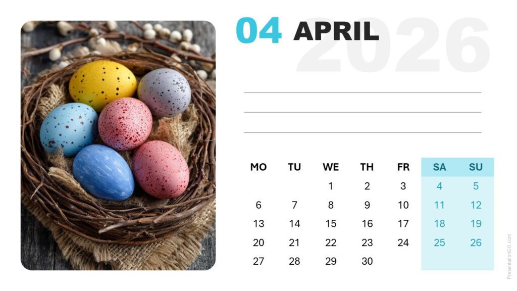 Editable April 2026 calendar slide with Monday week start and large photo area for PowerPoint and Google Slides.