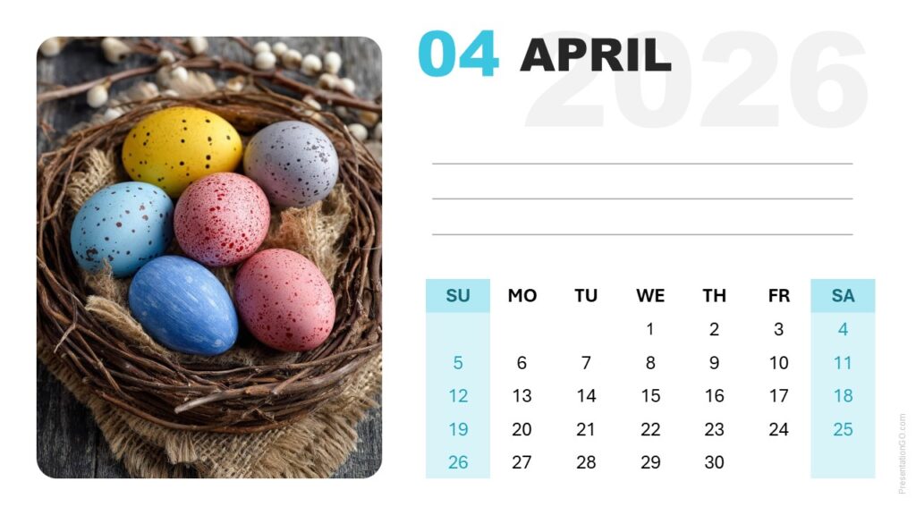 April 2026 Calendar Template for PowerPoint and Google Slides Editable April 2026 calendar slide with Sunday week start and large photo area for PowerPoint and Google Slides.