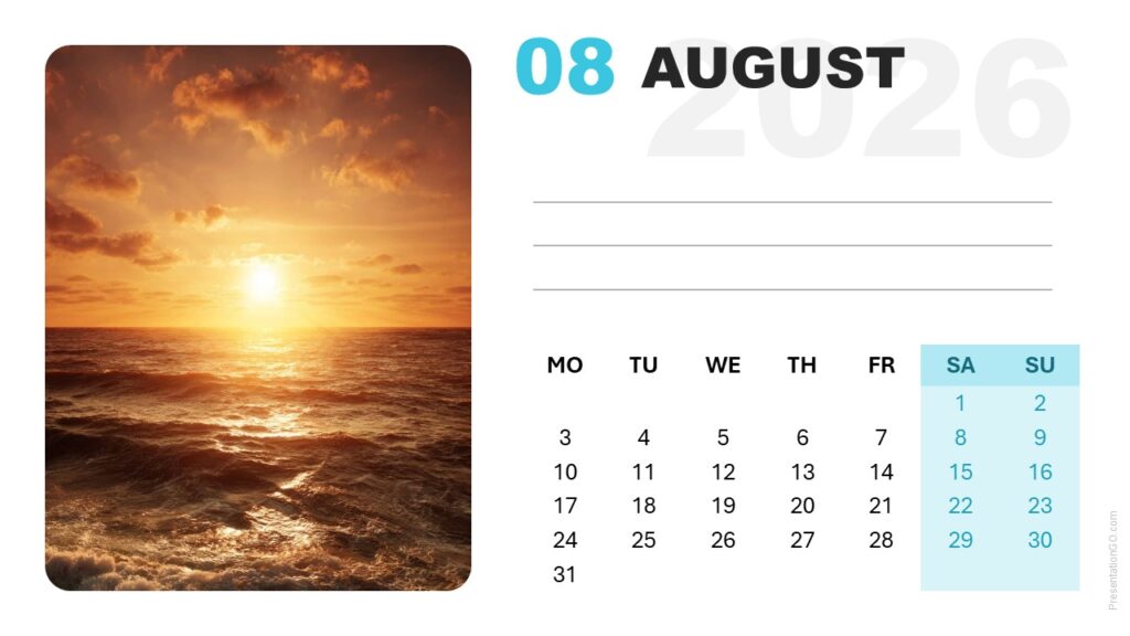 Editable August 2026 calendar layout with week starting on Monday for PowerPoint and Google Slides.