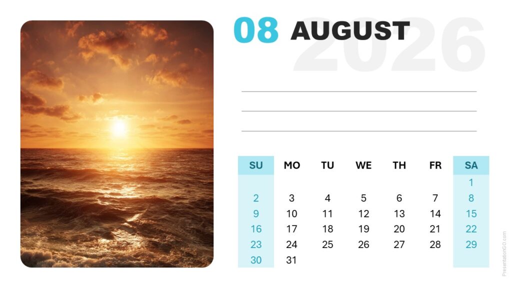 August 2026 Calendar Template for PowerPoint and Google Slides Editable August 2026 calendar layout with week starting on Sunday for PowerPoint and Google Slides.