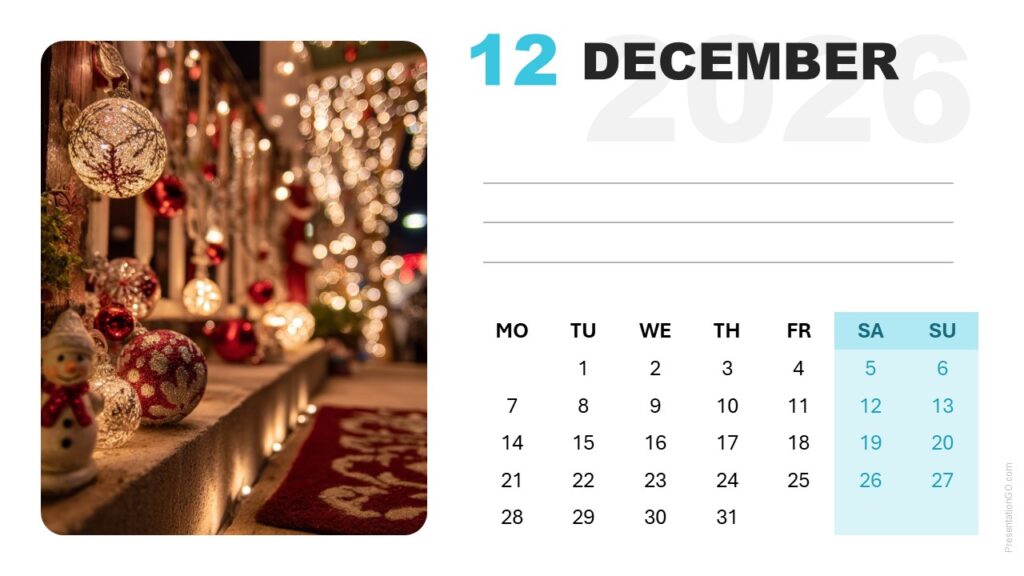 Editable December 2026 calendar slide with photo placeholder and Monday start for PowerPoint and Google Slides.