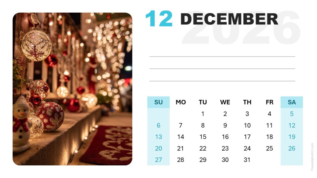 December 2026 Calendar Template for PowerPoint and Google Slides Editable December 2026 calendar slide with photo placeholder and Sunday start for PowerPoint and Google Slides.