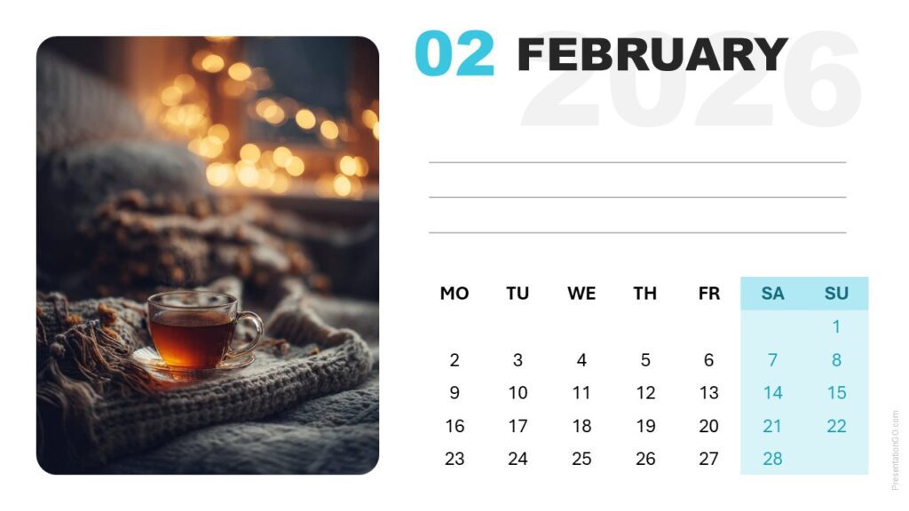 Editable February 2026 calendar layout with soft background and photo placeholder for PowerPoint and Google Slides.