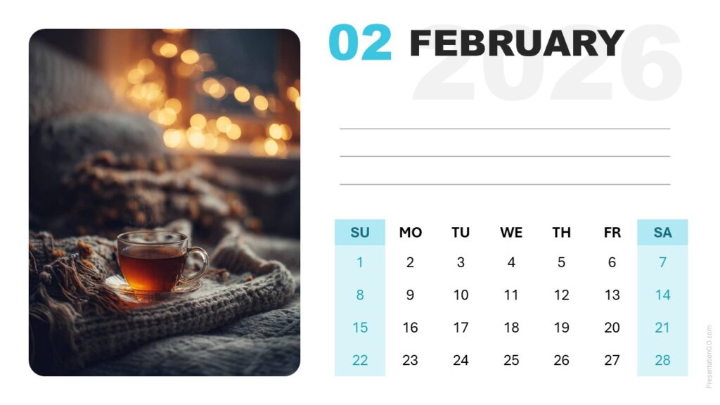 February 2026 Calendar Template for PowerPoint and Google Slides Editable February 2026 calendar layout with soft background and photo placeholder for PowerPoint and Google Slides.