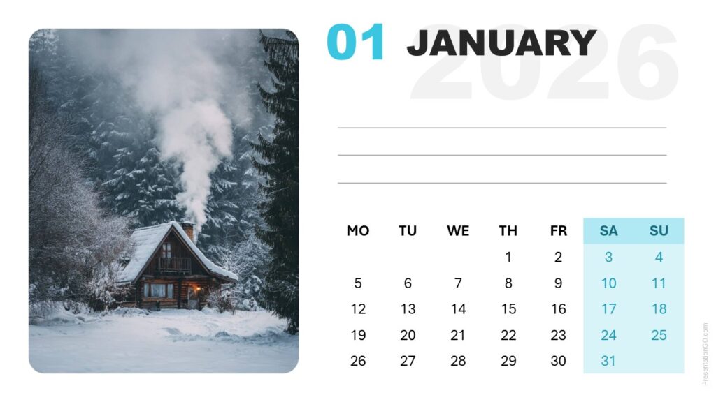 January 2026 calendar layout with week starting on Monday and winter photo for PowerPoint and Google Slides.